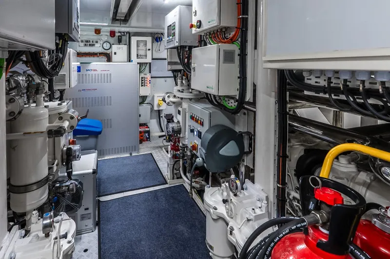 Neverland Yacht Photos Pics Engine room of 2020 Sanlorenzo 44 Alloy yacht, featuring advanced machinery and control systems.