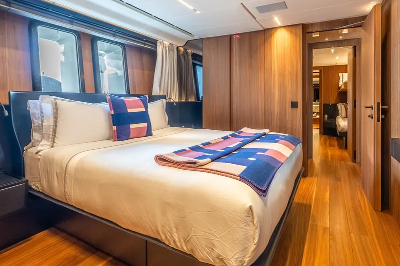 Neverland Yacht Photos Pics Luxurious bedroom interior on 2020 Sanlorenzo 44 Alloy yacht with modern design.