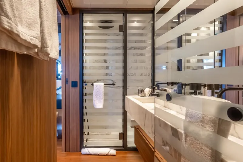 Neverland Yacht Photos Pics Luxurious bathroom interior on 2020 Sanlorenzo 44 Alloy yacht, featuring modern design elements.