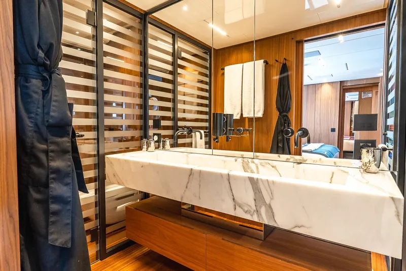 Neverland Yacht Photos Pics Luxurious bathroom on 2020 Sanlorenzo 44 Alloy yacht with marble sink and modern design.