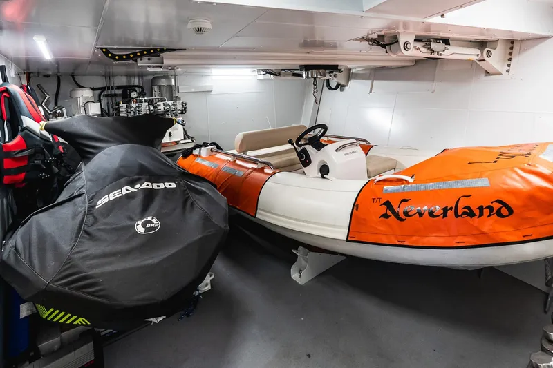 Neverland Yacht Photos Pics Storage area of 2020 Sanlorenzo 44 Alloy yacht with Sea-Doo and tender.