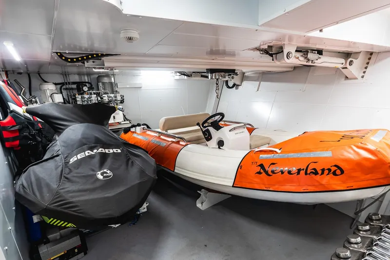 Neverland Yacht Photos Pics Storage area of 2020 Sanlorenzo 44 Alloy yacht with Sea-Doo and tender.