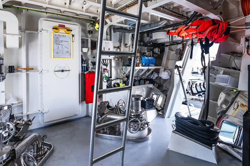 Neverland Yacht Photos Pics Interior of 2020 Sanlorenzo 44 Alloy yacht, featuring equipment and storage areas.