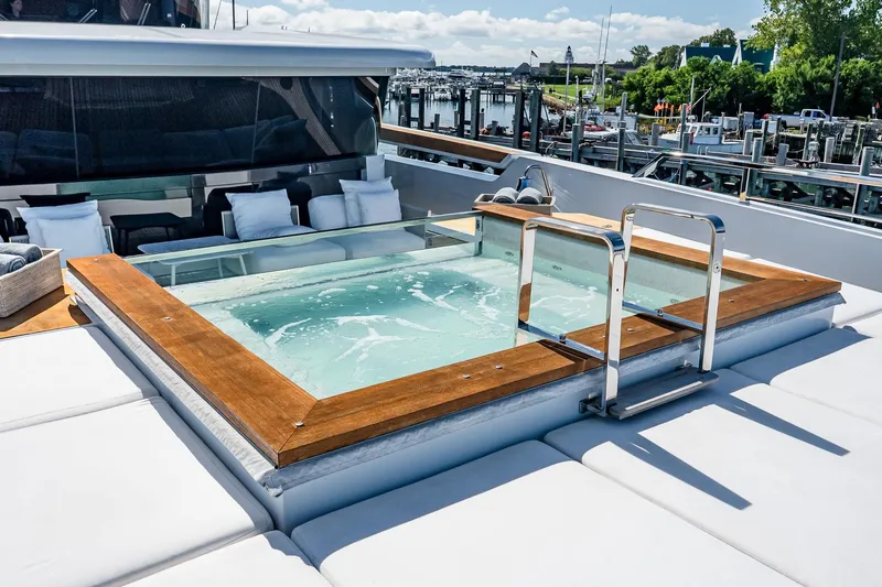 Neverland Yacht Photos Pics Luxurious Sanlorenzo 44 Alloy yacht with a jacuzzi on the deck, 2020 model.