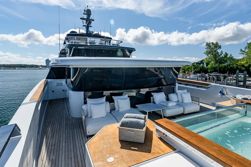 Neverland Yacht Photos Pics Luxurious 2020 Sanlorenzo 44 Alloy yacht with elegant deck and seating area.