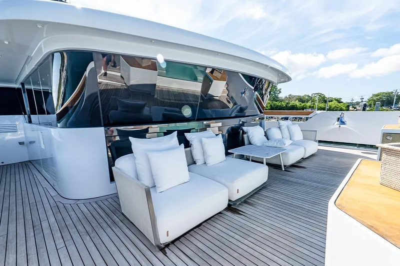 Neverland Yacht Photos Pics Luxurious Sanlorenzo 44 Alloy yacht deck with plush seating, 2020 model.
