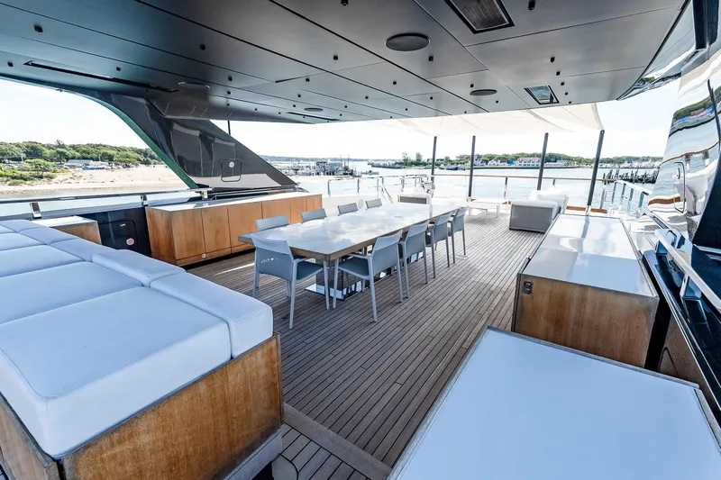 Neverland Yacht Photos Pics Luxurious 2020 Sanlorenzo 44 Alloy yacht deck with elegant seating and scenic views.