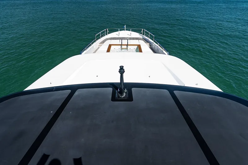 Neverland Yacht Photos Pics Sanlorenzo 44 Alloy 2020 yacht deck overlooking calm blue sea.