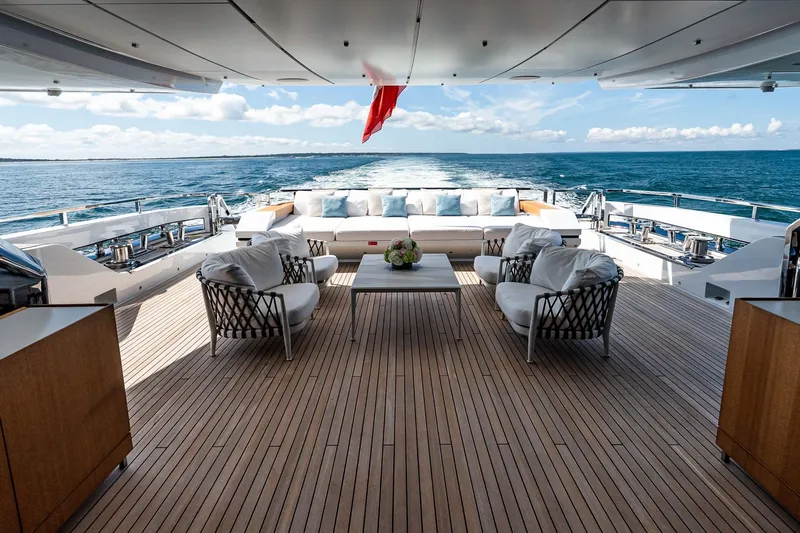 Neverland Yacht Photos Pics Luxurious Sanlorenzo 44 Alloy yacht deck with elegant seating, ocean view, 2020 model.