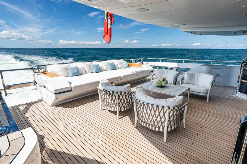 Neverland Yacht Photos Pics Luxurious Sanlorenzo 44 Alloy yacht deck with elegant seating, ocean view, and clear skies.