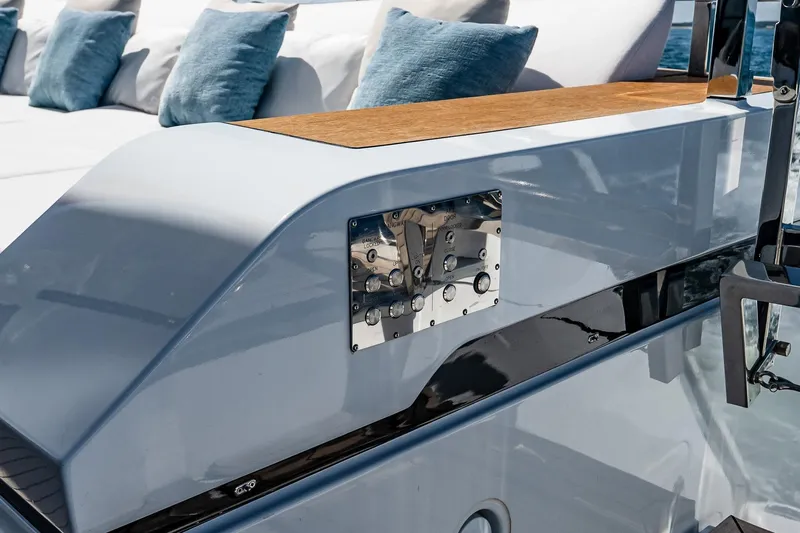 Neverland Yacht Photos Pics Sanlorenzo 44 Alloy yacht detail, featuring sleek design and luxurious cushions, 2020 model.
