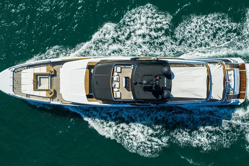 Neverland Yacht Photos Pics Aerial view of 2020 Sanlorenzo 44 Alloy yacht cruising on the ocean.