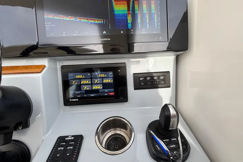  Yacht Photos Pics Control panel of 2022 Pursuit DC 365 Dual Console with Garmin and Yamaha displays.