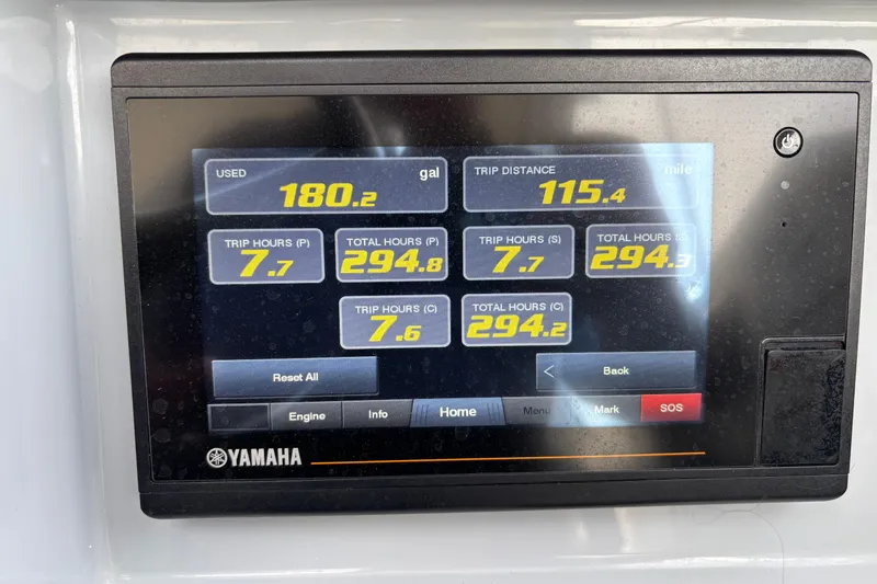  Yacht Photos Pics Yamaha display showing fuel usage and trip data on 2022 Pursuit DC 365 Dual Console.