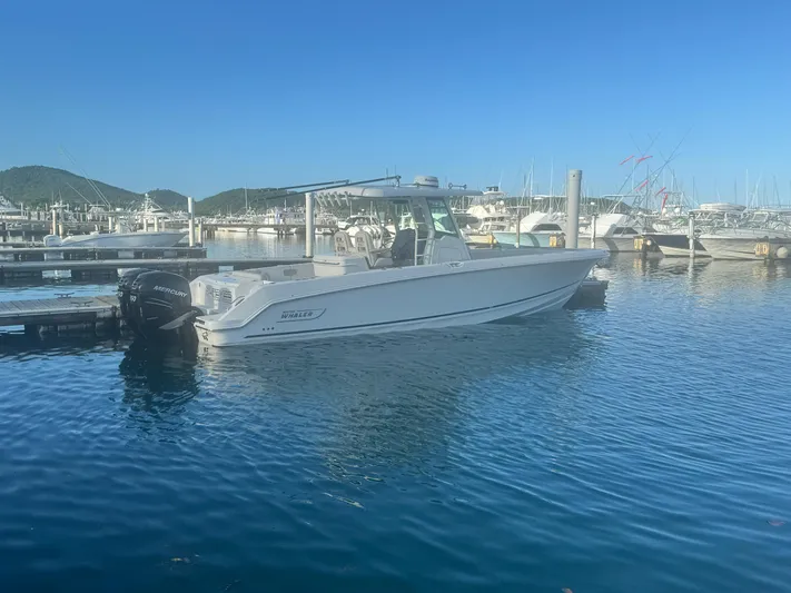  Yacht Photos Pics 2017 Boston Whaler 330 Outrage boat docked in a marina with clear blue water.