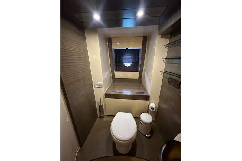 No Name Yacht Photos Pics Luxurious bathroom in 2017 Azimut Fly yacht with modern fixtures and elegant design.