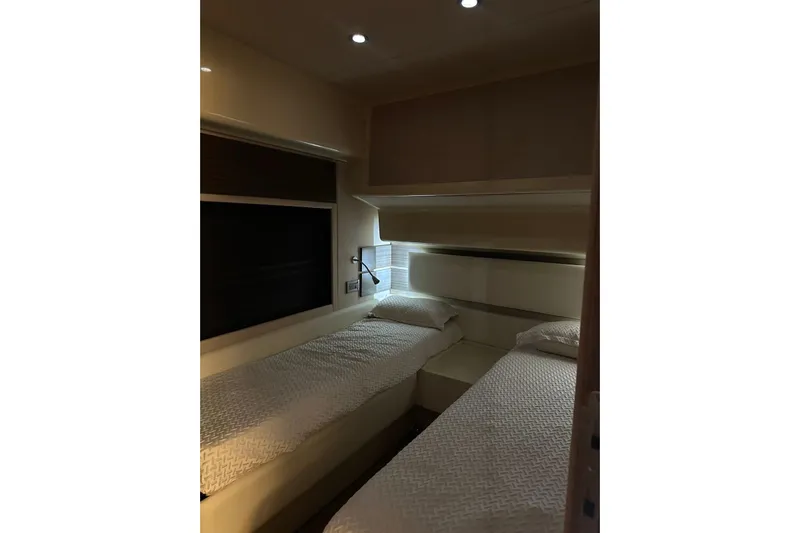 No Name Yacht Photos Pics Interior cabin of 2017 Azimut Fly yacht with twin beds and modern lighting.
