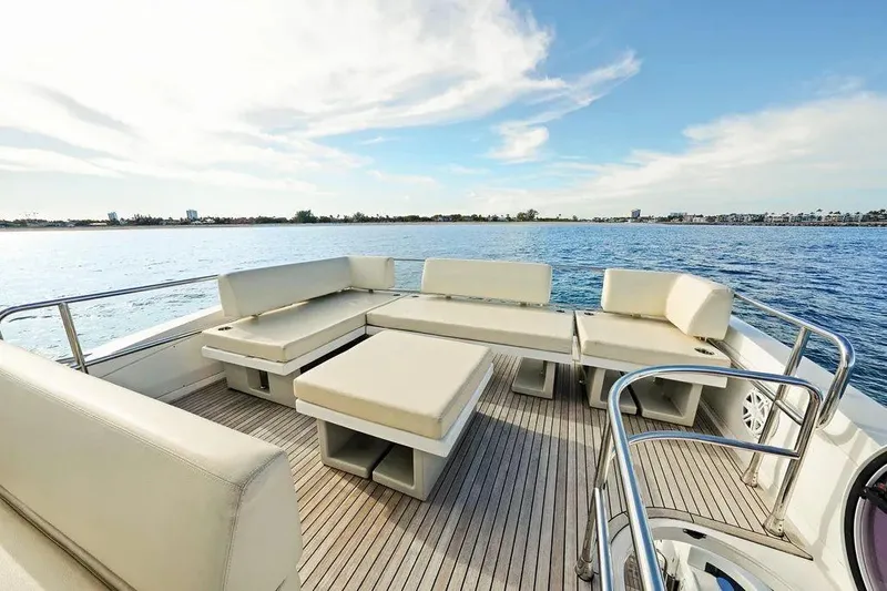 No Name Yacht Photos Pics Luxurious 2017 Azimut Fly yacht deck with comfortable seating and scenic ocean view.