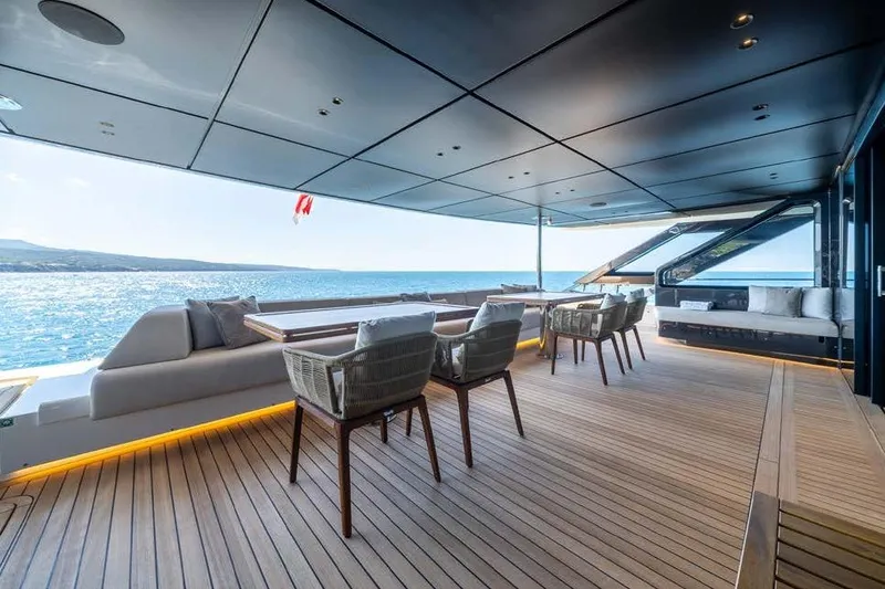 Acali Yacht Photos Pics Luxurious 2024 Widercat92 yacht deck with elegant seating and ocean view.