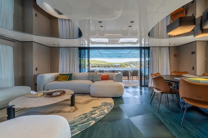 Acali Yacht Photos Pics Luxurious interior of 2024 Wider Widercat92 yacht with modern furnishings and ocean view.