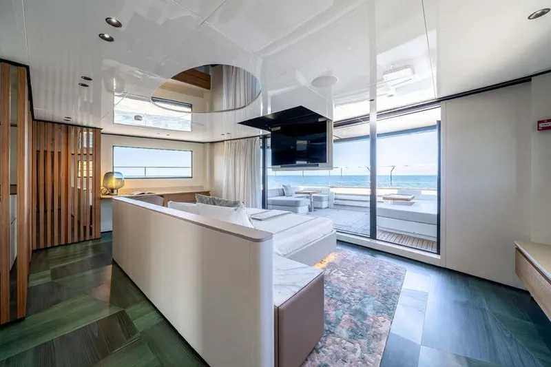 Acali Yacht Photos Pics Luxurious interior of 2024 Widercat92 yacht with modern design and ocean view.