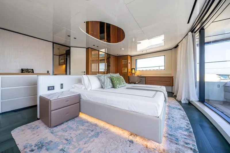 Acali Yacht Photos Pics Luxurious 2024 Widercat92 yacht bedroom with modern design and panoramic windows.