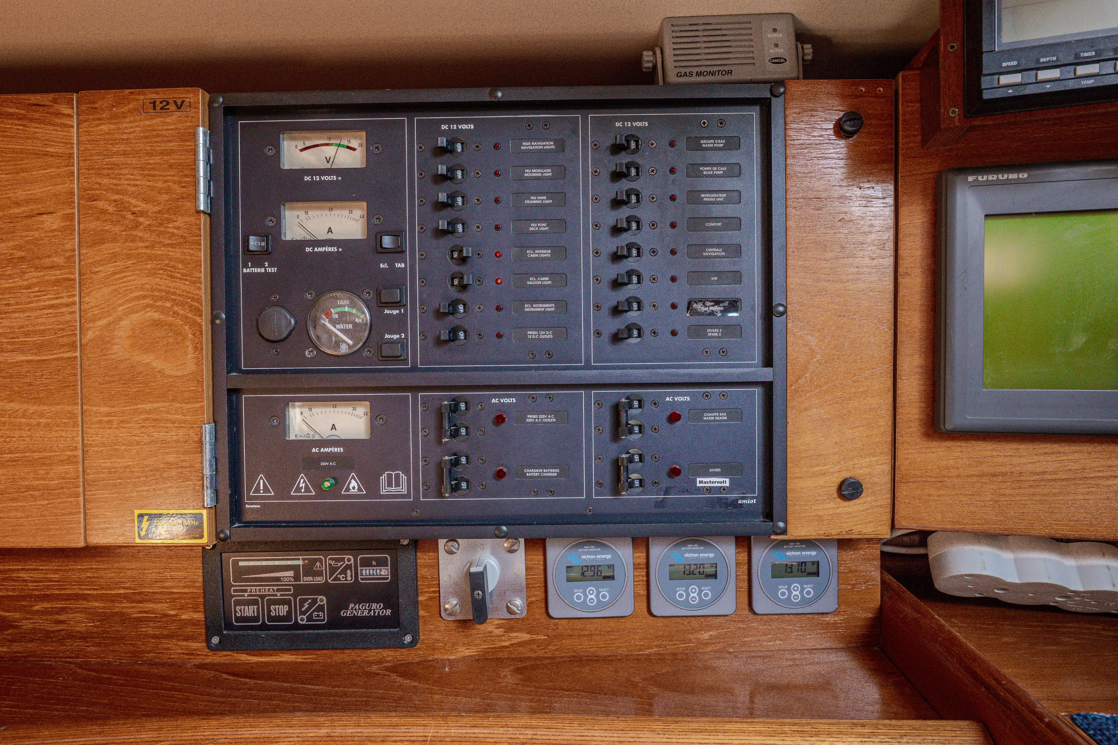  Yacht Photos Pics Electrical control panel on a 1999 Beneteau Oceanis 44 CC sailboat.