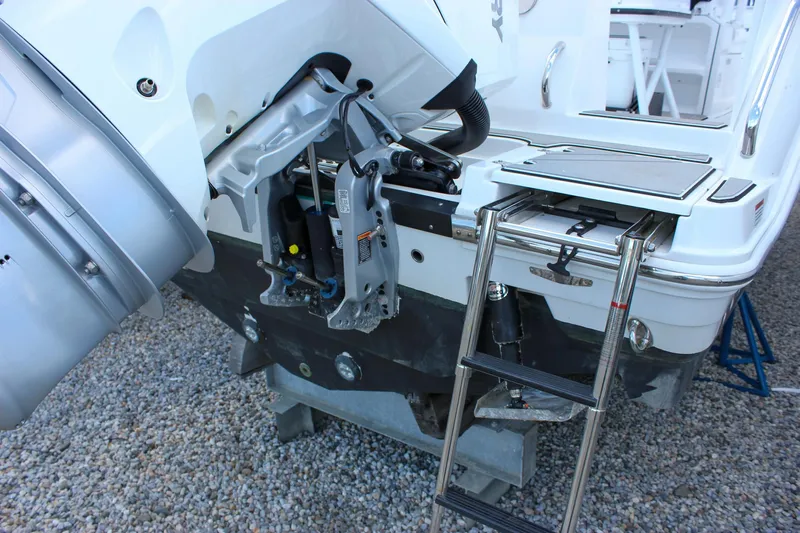 Irish Eyes Yacht Photos Pics 2023 Blackfin 252 CC boat stern with ladder and engine mount detail.