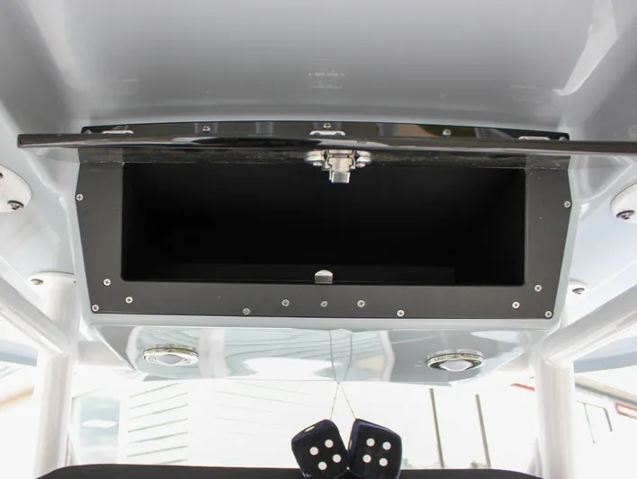 Irish Eyes Yacht Photos Pics 2023 Blackfin 252 CC boat storage compartment with open hatch and hanging dice.