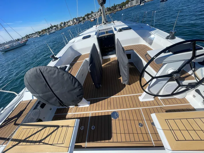 In Stock Yacht Photos Pics 2024 Hanse 410 yacht with sleek deck design and dual steering wheels.