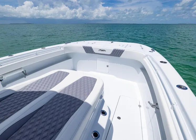  Yacht Photos Pics 2026 Invincible 33 Catamaran on open water, featuring spacious deck and seating.