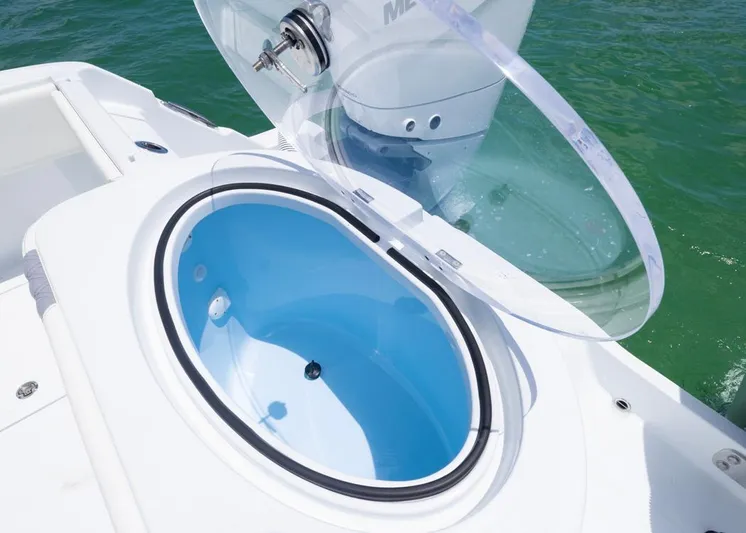  Yacht Photos Pics Livewell on 2026 Invincible 33 Catamaran, open lid, blue interior, clear water background.