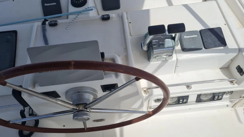  Yacht Photos Pics Steering wheel and controls of a 2009 Lagoon 440 catamaran.