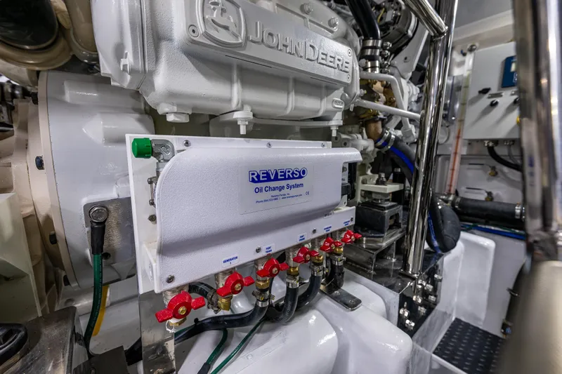 Oasis Yacht Photos Pics Engine room of Northwest 55, featuring Reverso oil change system, 2024 model.