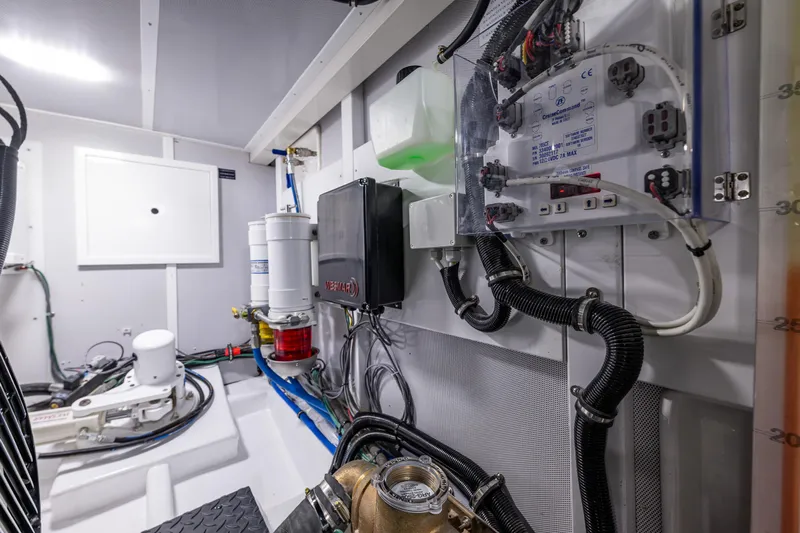 Oasis Yacht Photos Pics Engine room of 2024 Northwest 55 yacht, showcasing advanced mechanical and electrical systems.