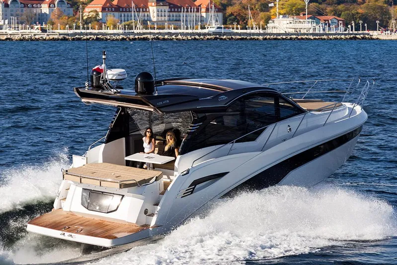  Yacht Photos Pics Manufacturer Provided Image: 2021 Galeon 425 HTS luxury yacht cruising on the water.