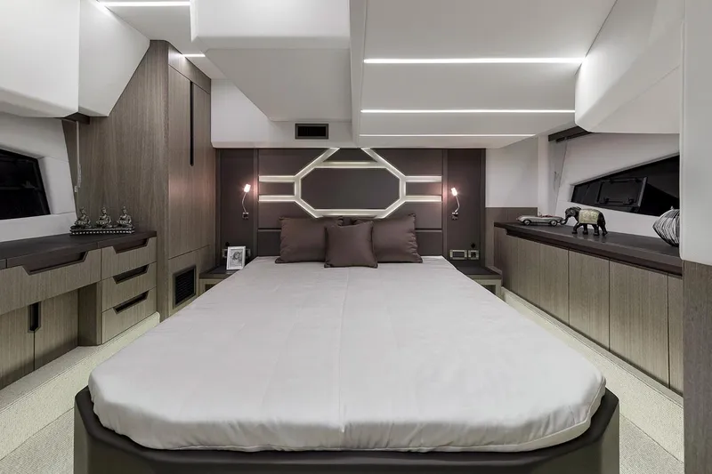  Yacht Photos Pics Manufacturer Provided Image: Luxurious bedroom interior of 2021 Galeon 425 HTS yacht with modern design and ambient lighting.