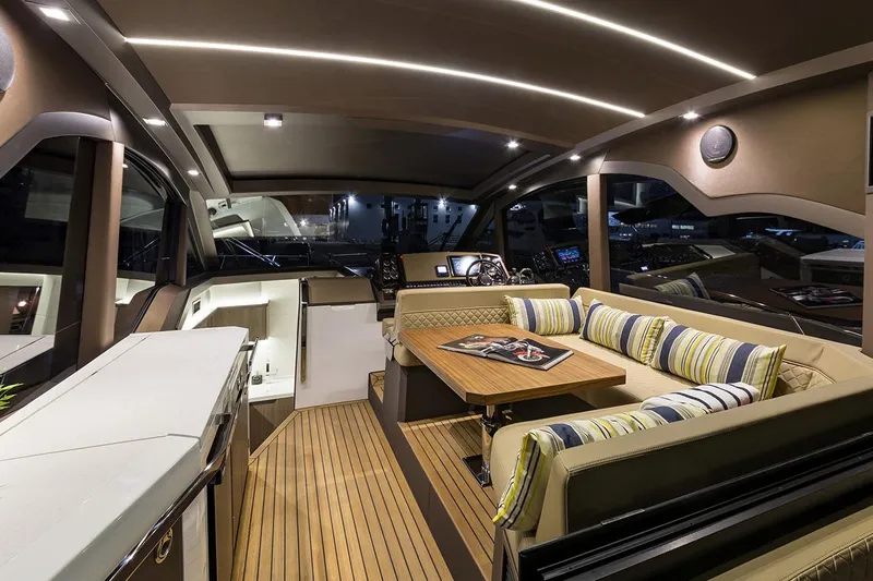  Yacht Photos Pics Manufacturer Provided Image: Luxurious interior of 2021 Galeon 425 HTS yacht with modern seating and ambient lighting.
