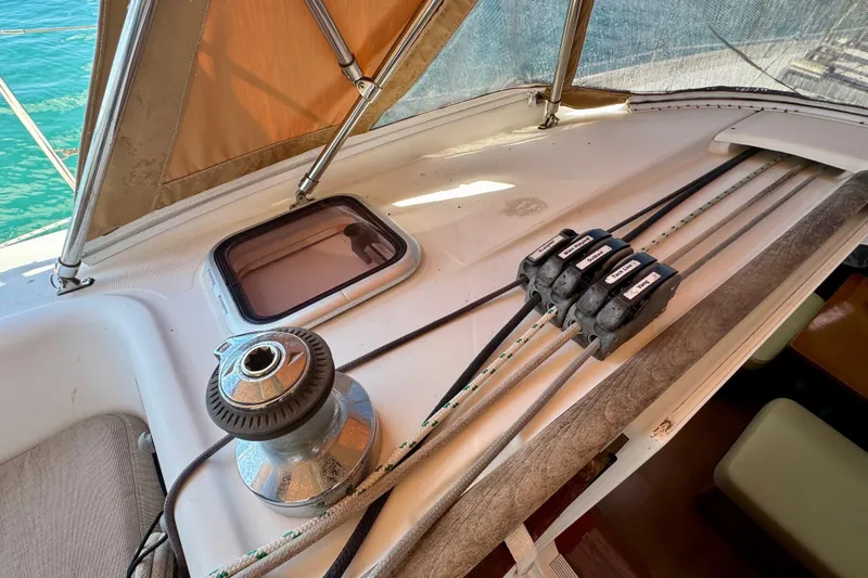  Yacht Photos Pics Deck of 2008 Beneteau Oceanis 40 sailboat with winch and rope clutches.