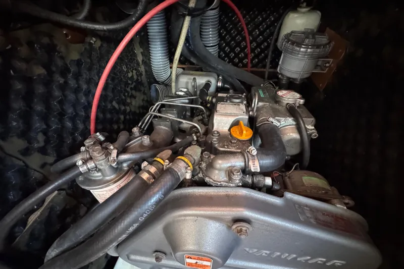  Yacht Photos Pics Engine compartment of a 2008 Beneteau Oceanis 40 sailboat, showcasing mechanical components.