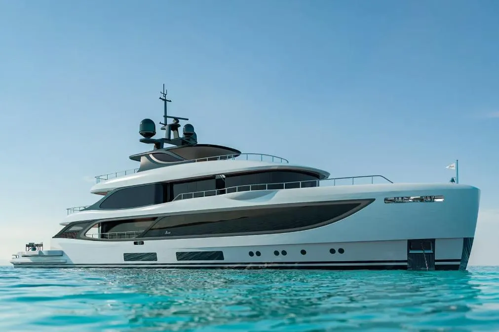 Luxurious 2028 Benetti Oasis 42M Co Ownership yacht on serene blue waters.