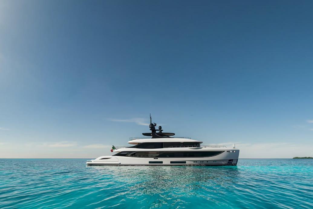 Luxury Benetti Oasis 42M yacht on serene blue ocean, 2028 model.