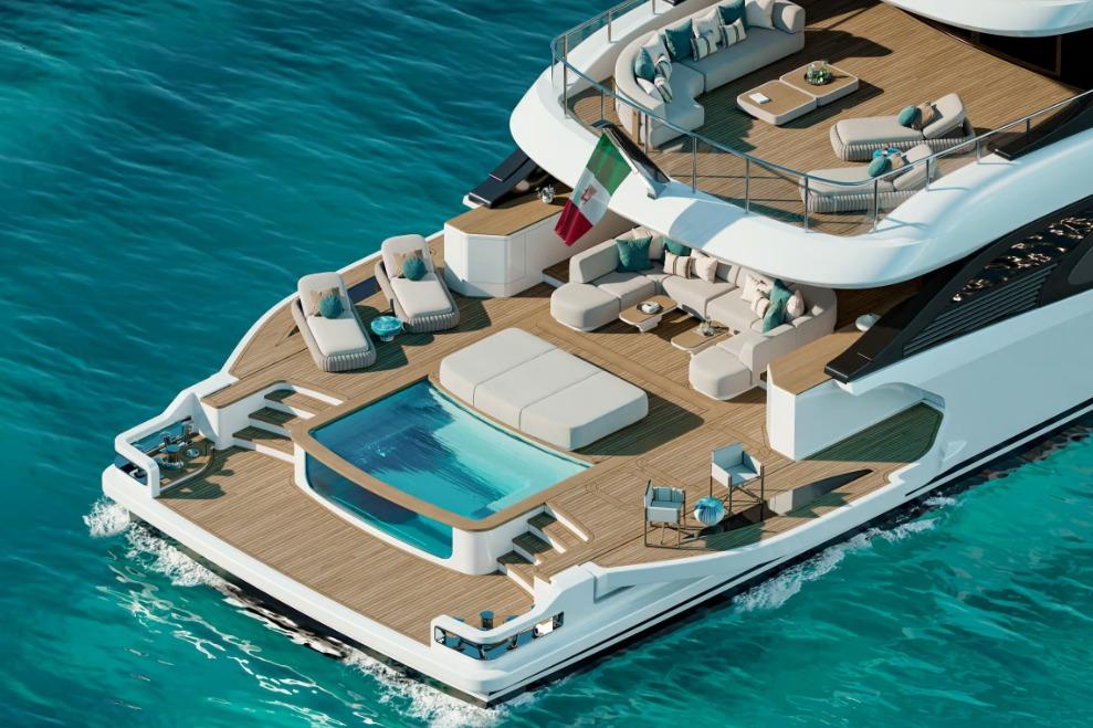Luxurious Benetti Oasis 42M yacht, 2028 model, featuring elegant deck and pool on turquoise waters.