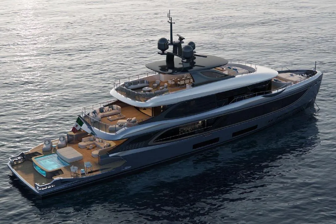 Luxurious 2028 Benetti Oasis 42M Co Ownership yacht on serene ocean waters.