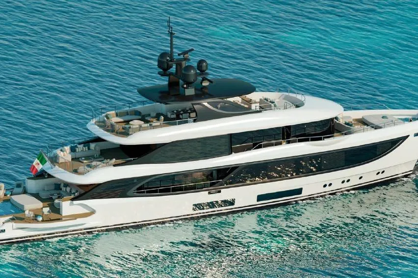 Luxurious 2028 Benetti Oasis 42M yacht on serene blue waters.