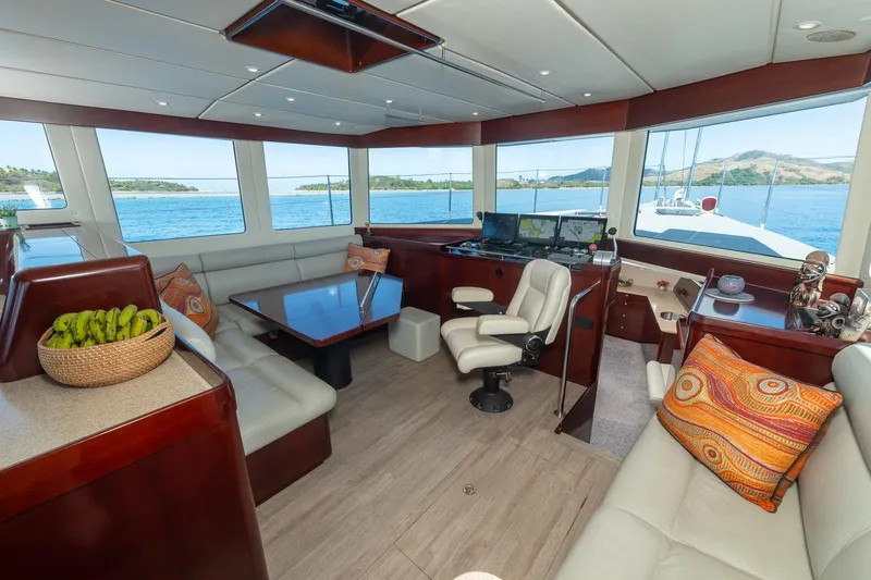 Toccata Yacht Photos Pics Luxurious 2011 Circa Marine FPB64 yacht interior with panoramic windows and modern furnishings.