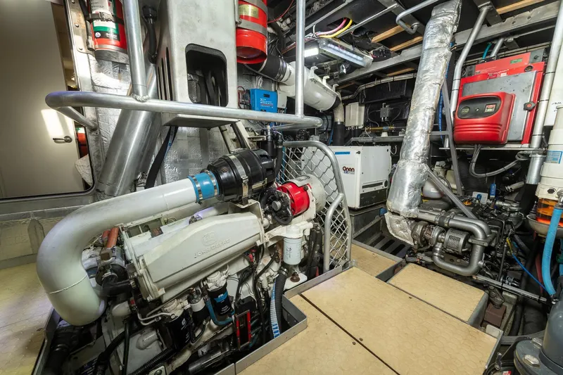 Toccata Yacht Photos Pics Engine room of 2011 Circa Marine FPB64 yacht, showcasing machinery and equipment.