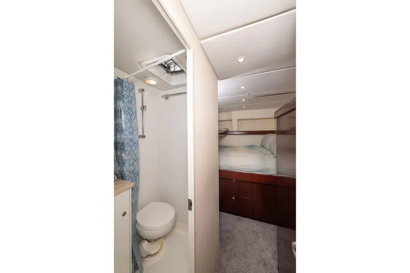 Toccata Yacht Photos Pics Bathroom and cabin interior of 2011 Circa Marine FPB64 yacht.