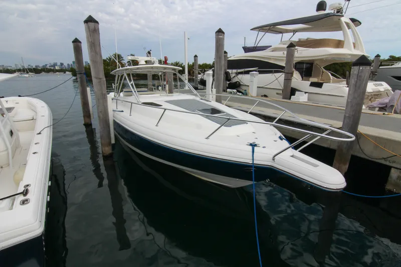  Yacht Photos Pics 2003 Intrepid 377 Walkaround boat docked at marina, surrounded by other vessels.