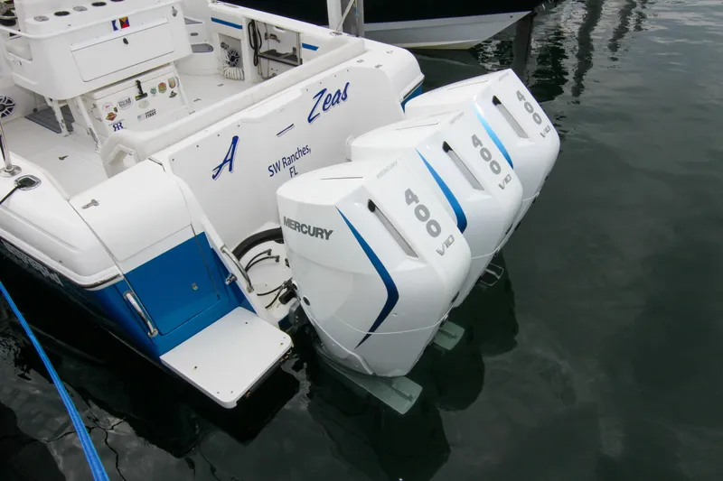  Yacht Photos Pics 2003 Intrepid 377 Walkaround with Mercury 400 V10 engines docked in water.